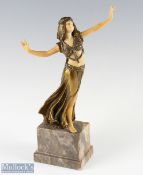 Later 20th century Art Deco Style Bronzed Figure of a Dancer with ivory style inserts on a marble