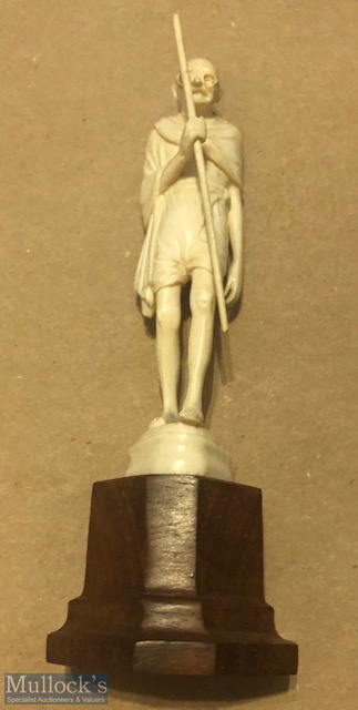India – Rare, finely carved ivory figure on wooden base Mahatma Gandhi with his iconic stick,