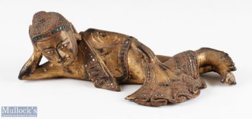 Wooden carved Gold Gilt Buddha laying on side measures 34cm approx. in length