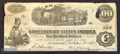 Confederate States Of America Richmond 1862. Banknote for $100, Vignette of passenger Train of the