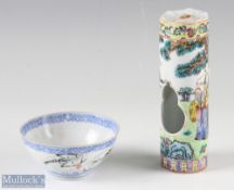 20th century Chinese Porcelain Bird Feeder with enamelled figural design with openings to front