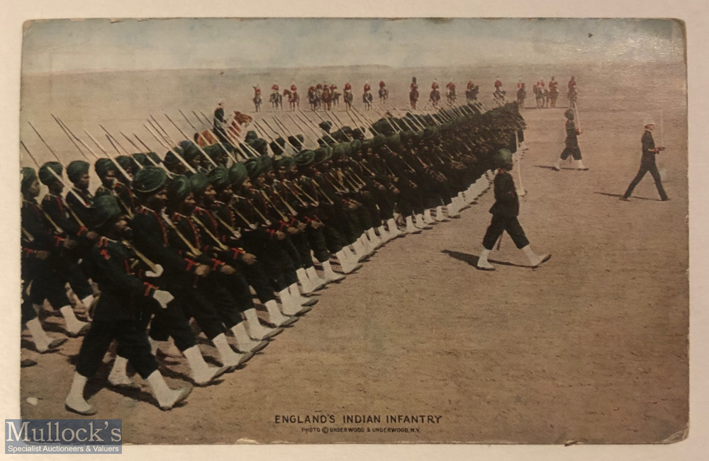 India Military Postcard Original postcard England’s Indian infantry Sikh regiment on the march.