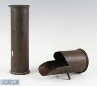2 WW1 Trench Art Shell Cases one shaped with legs and dated to base 1914, the other of plain shape