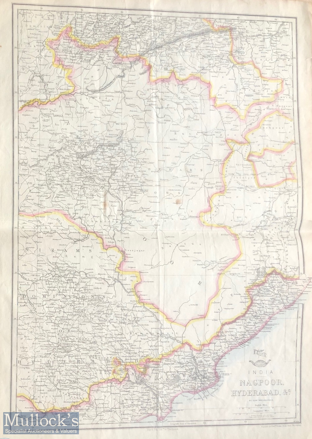 Map c1857 of India Nagpoor & Hyderabad Published by Day & Sons. Hand coloured c1857 Dimensions 48