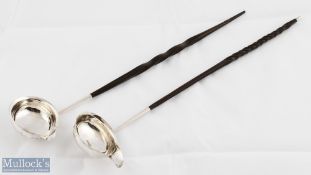2 Georgian Hallmarked Silver Ladles both with side pourers with twist wooden handles, one hallmarked