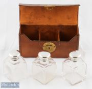 Cased Set of 3 Hallmarked Silver Topped Glass Jars each with plain design bodies with facetted necks