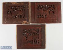 3 19th century Chinese Relief Carved Panels each having figural scenes with one having a pagoda