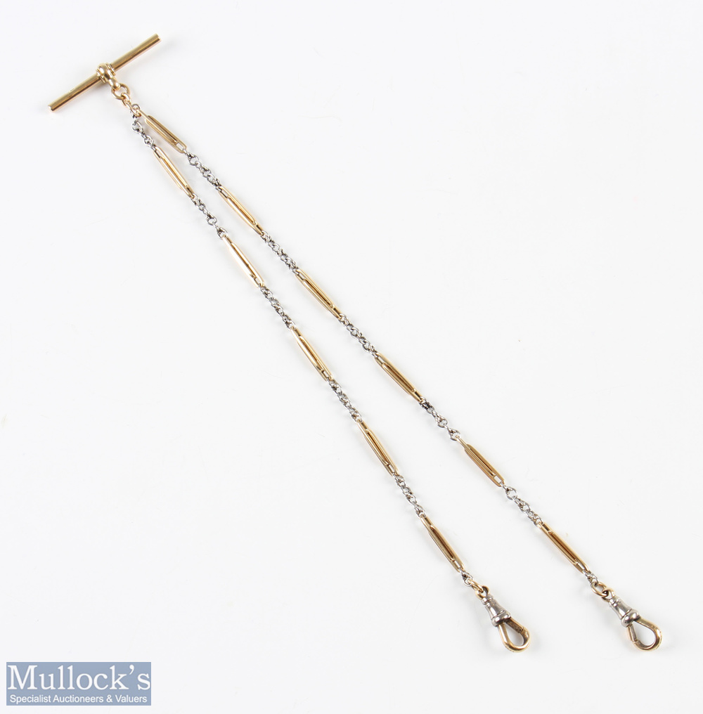 18ct Yellow and White Gold Fancy Link Watch Chain with T bar with clasps to both ends, chain lengths