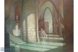 Ferdinand Fissi (1872-1954) Signed Oil on Board depicts a castle interior with a young girl