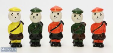 5x Carlton Ware Dunlop Style Caddie Golfing Figures – various coloured hand painted glazed