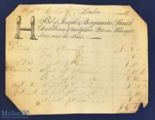 Very Early 1736 Printed Bill Bought Of Joseph & Benjamin Smith Distillers At Ye Two Golden Pots In