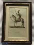 India - Original hand coloured steel engraving showing a Rajput warrior on horseback in original