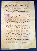 Liturgical Vellum Leaf circa 1480s. Large impressive scripted sheet of Choral music with finely