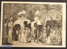 India – Scarce 1858 Engraving The Elephants of the Rajah of Travancore by Frank Vizetelly from a