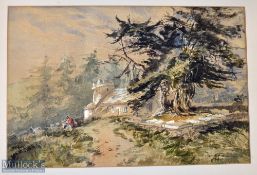 Korea – 19th century Watercolour of Deity Tree (Dang san namo) in Village setting with figures, no