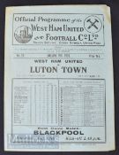 1935/36 West Ham Utd v Luton Town football programme FAC match 11 January, 4 pager. Fair-Good.