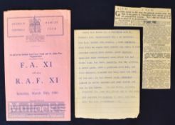 1939/40 War abandoned league season at Dulwich Hamlet football programme FA XI v RAF XI 30 March