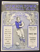 1938/39 Ipswich Town v Torquay Utd match programme Div 3 (S), 29 October; Good condition.