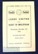 1954/55 Leeds Utd v Heart of Midlothian friendly match programme 3 November. Good.