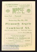 1954/55 Jack Chisholm’s benefit football programme Plymouth Argyle v Combined XI (West Bromwich