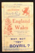 1936 Wales v England Rugby Programme: At Swansea, grubby and spine half split, but entire and