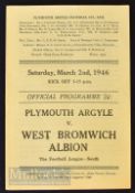 1945/46 War League South Plymouth Argyle v West Bromwich Albion football programme 2 March 1946 fold