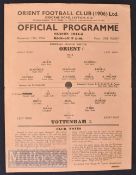 1944/45 War League South Orient v Tottenham Hotspur football programme 18 November 1944. Fold,
