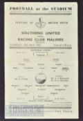 1951 Festival of Britain Southend Utd v Racing Club Malines match programme 10 May, single sheet;
