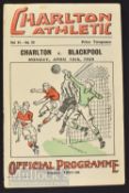 1937/38 Charlton Athletic v Blackpool match programme Div. 1 18 April. Good.