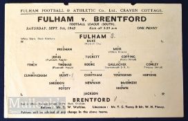 Football League (south) 1942/43 Fulham v Brentford match programme 5 September, single sheet, tiny