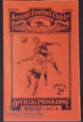 1937/38 Arsenal v Leeds Utd football match programme 27 November 1937 Div. 1 staple removed, o/