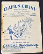 1933/34 Clapton Orient v Newport County Division 3 football programme 28 August, large issue;