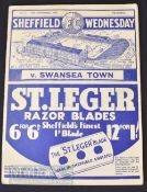 1938/39 Sheffield Wednesday v Swansea Town football programme 24 September Division 2 match; age