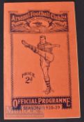 1938/39 Arsenal v Manchester Utd football programme 15 April Div. 1 match. Good.