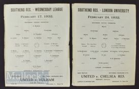 1931/32 Southend Utd reserves v London University football programme 24 February, v Southend