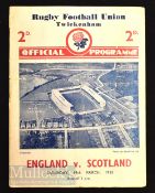 1938 England v Scotland Rugby Programme: Pocket fold, wear to team sheet and small closed cover tear