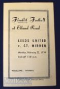 1953/54 Leeds Utd v St. Mirren friendly match programme 22 February. Good.