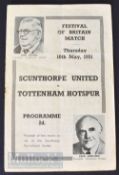 1951 Festival of Britain Scunthorpe Utd v Tottenham Hotspur match programme 10 May; crease, small