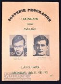 1971 Queensland v England match programme at Lang Park Brisbane 14 June, 14 page issue.