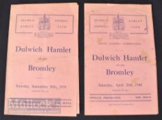 War abandoned season 1939/40 Dulwich Hamlet v Bromley football programmes; fr match 30 September