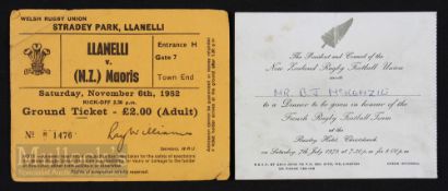 New Zealand Interest - Invite for Dinner v France 1979 & ticket for Llanelli v Maoris 1982 (2):