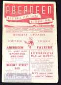 1947/48 Aberdeen v Falkirk Scottish Reserve League match programme 31 January; fold, slight marks,