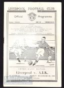 1949/50 Liverpool v A.I.K. Stockholm friendly football programme 5 December. (Printed in black &