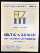 1966/67 European Cup match programme Celtic v Zurich 28 September; Good.