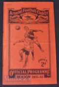 1931/32 Arsenal v Newcastle Utd football programme 19 March, Div.1 match. Fair-good.