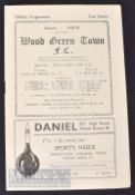 1938/39 Wood Green Town v Cambridge Town football programme Spartan League match 29 April Good.