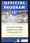 1954 Tour match Glasgow Rangers v Ontario All Stars programme 22 May in Toronto. Paper tear to