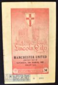 1954/55 Lincoln City v Manchester United fr match programme 12 March 1955. Fold, creases, no