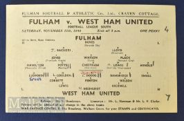 War League South 1944/45 Fulham v West Ham Utd single sheet 11 November, very slight crease, team