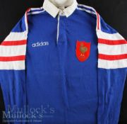 1980s or 1990s French Rugby Jersey: Large Adidas fully logoed and badged matchworn jersey,